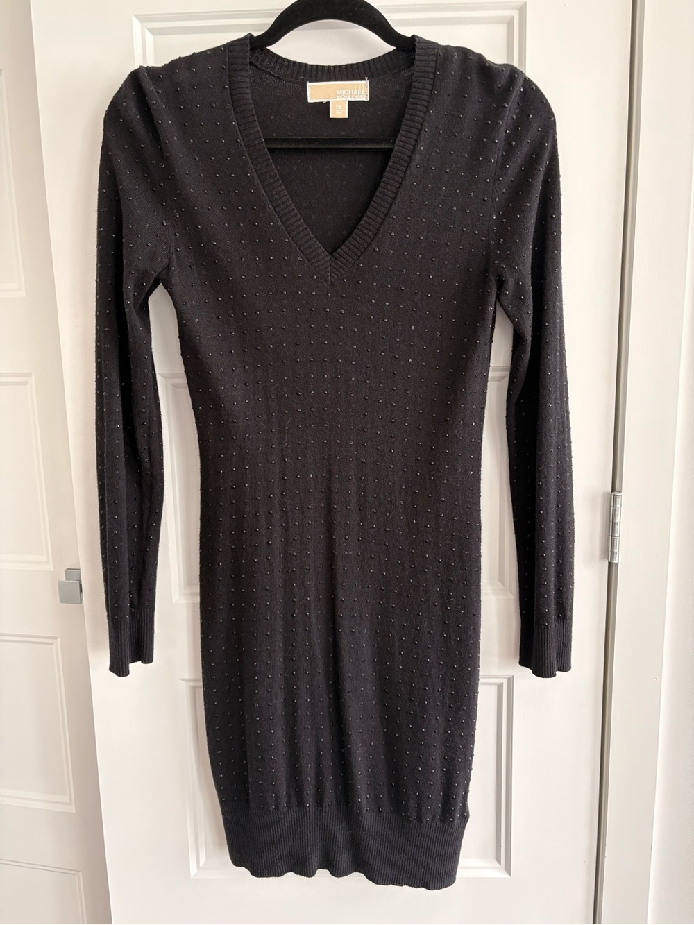 MICHAEL Michael Kors Black V-Neck Long Sleeve Knit Dress with black rhinestones